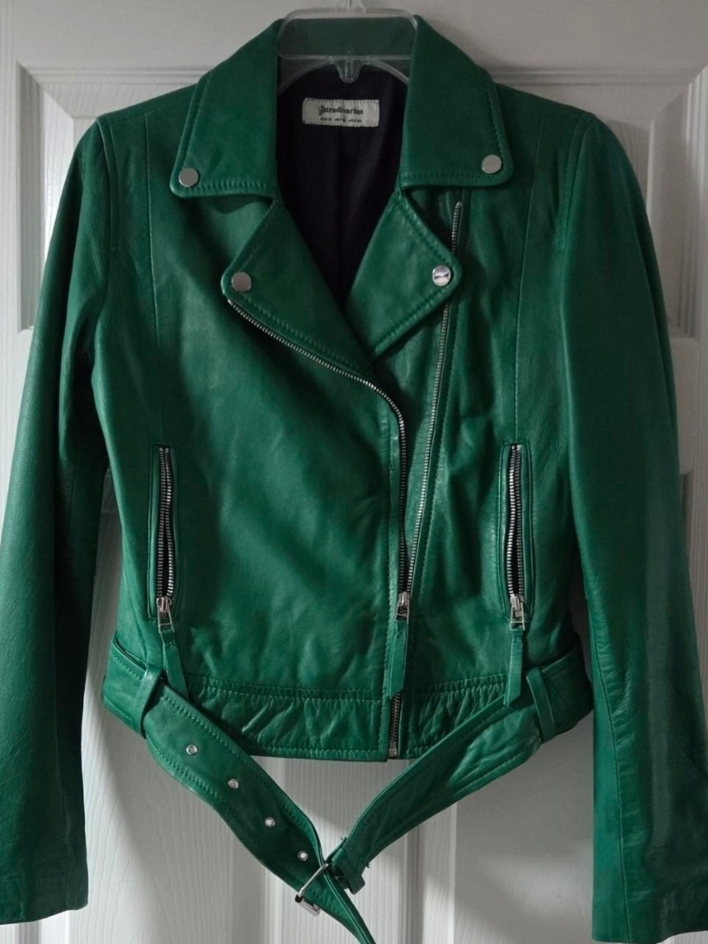 stradivarius Green Leather Biker Jacket